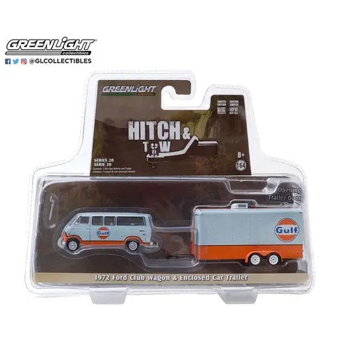 1972 Ford Club Wagon Van with Enclosed Car Trailer (Gulf Oil) - DiecastModeler.com