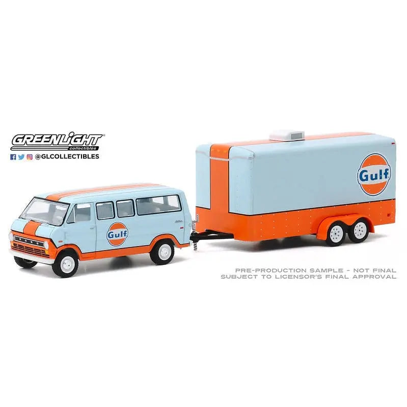 1972 Ford Club Wagon Van with Enclosed Car Trailer (Gulf Oil) (CASE/6PCS) - DiecastModeler.com