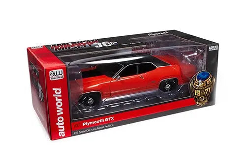 Auto World - American Muscle 30th Anniversary | Plymouth GTX Hardtop Class of '71 (1971, 1/18 scale diecast model car, V2 Tor Red/Black) AMM1268 - DiecastModeler.com