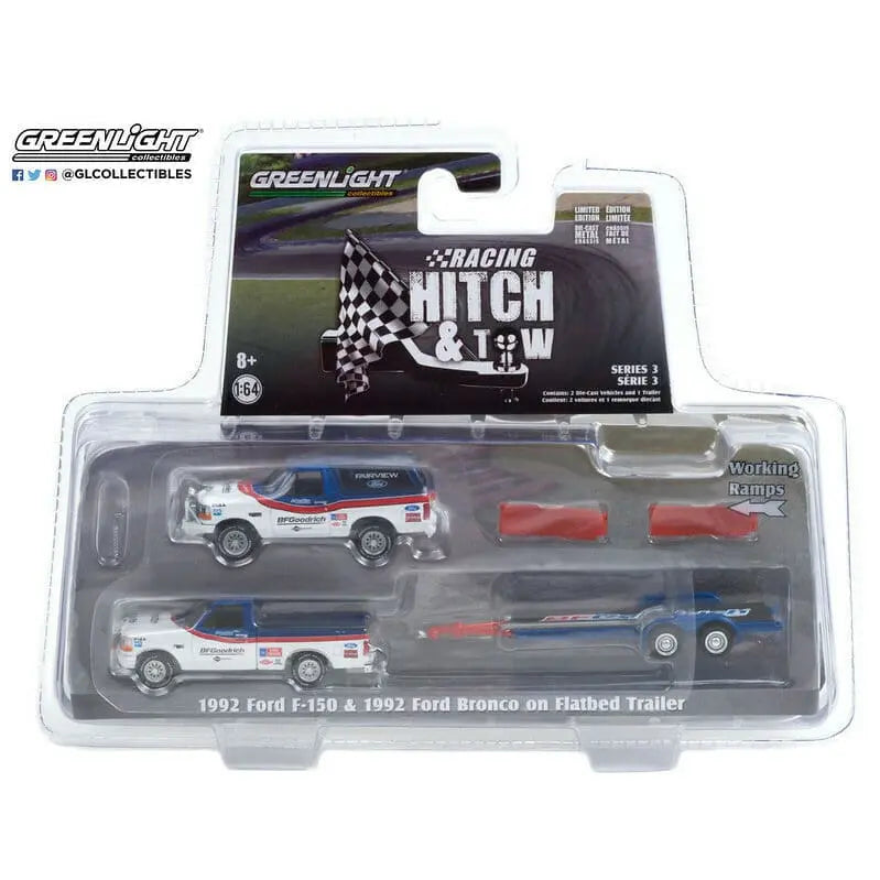 Hitch & Tow - Ford F-150 Pickup Truck and Ford Bronco with Flatbed Trailer BFGR - DiecastModeler.com