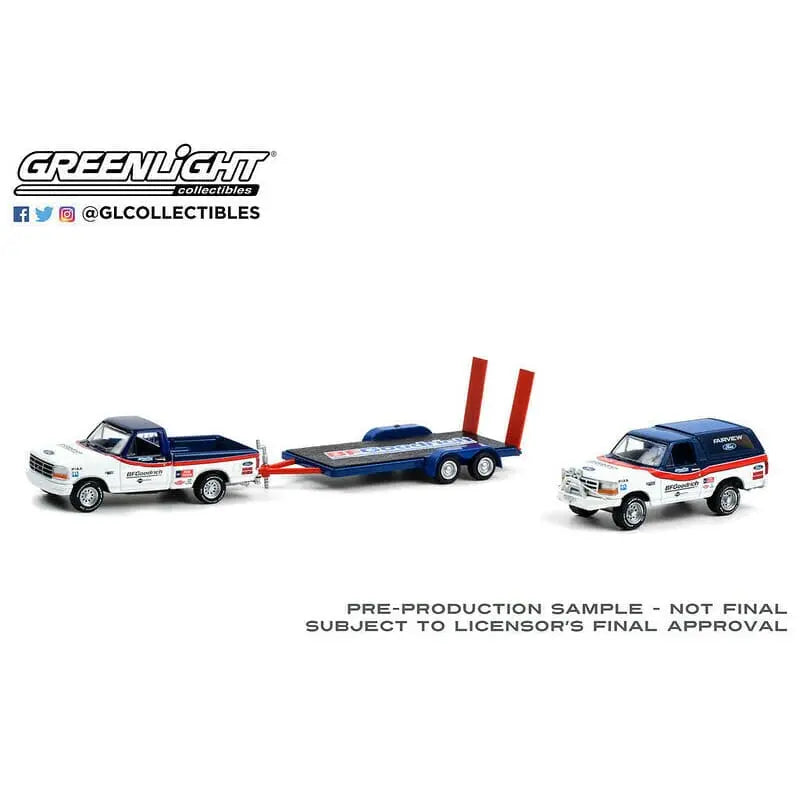 Hitch & Tow - Ford F-150 Pickup Truck and Ford Bronco with Flatbed Trailer BFGR - DiecastModeler.com