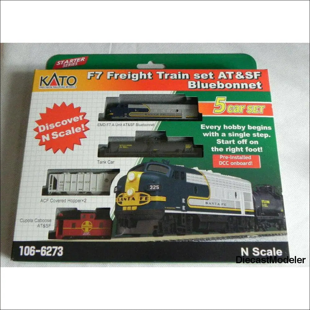 Kato 106-6273-DCC N F7 Fright Train Set AT&SF Bluebonnet ( 5 Car Set )-DiecastModeler