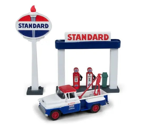 CMW 1955 Chevy Tow Truck w/Station Sign & Gas Pump Island - DiecastModeler.com