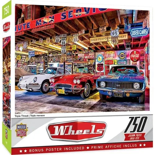 WHEELS TRIPLE THREAT - 750 PIECE JIGSAW PUZZLE BY LINDA BERMAN - DiecastModeler.com