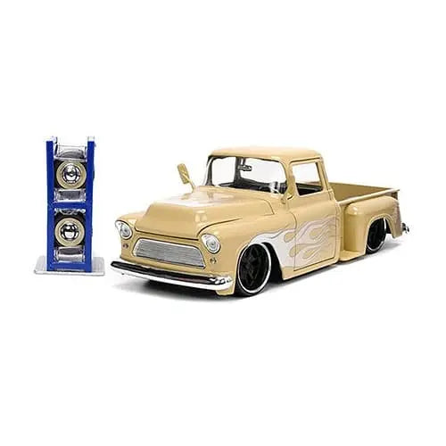 Jada Toys Just Trucks - Chevrolet® Pickup and Extra Wheels (1955, 1/24 scale diecast model car, Tan/White Flames) - DiecastModeler.com