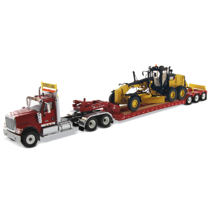  1:50 International HX520 Tandem Tractor + XL 120 Trailer, Red w/ Cat® 12M3 Motor Grader loaded including both rear boosters