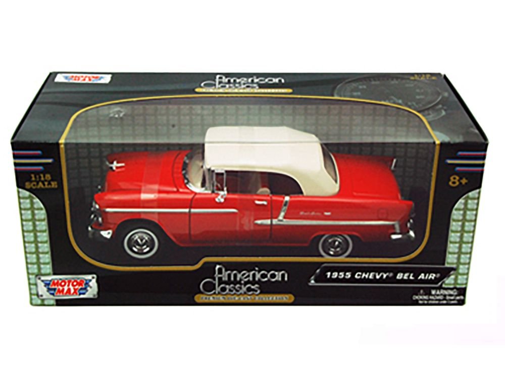 1955 Chevrolet Bel Air Convertible Soft Top Red 1/18 Diecast Car Model by Motormax view 3
