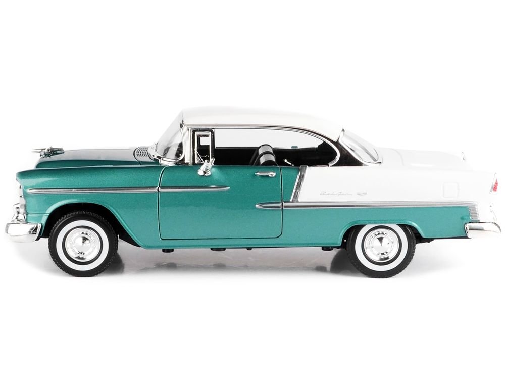 1955 Chevrolet Bel Air Hard Top Green Metallic and White 1/18 Diecast Model Car by Motormax view 2