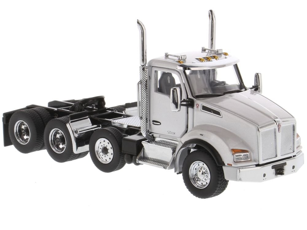 Kenworth T880 SBFA Day Cab Pusher-Axle Tandem Truck Tractor White Metallic 1/50 Diecast Model by Diecast Masters view 2