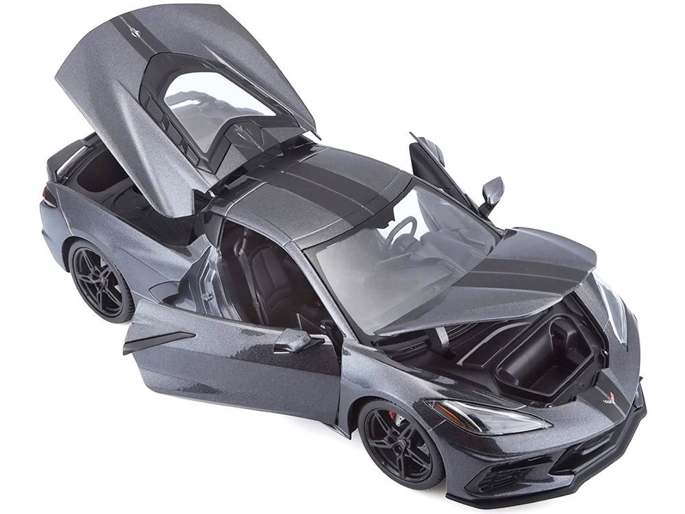 2020 Chevrolet Corvette Stingray C8 Dark Gray Metallic with Racing Stripes 1/18 Diecast Model Car by Maisto view 2
