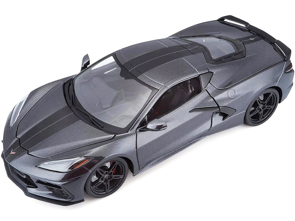 2020 Chevrolet Corvette Stingray C8 Dark Gray Metallic with Racing Stripes 1/18 Diecast Model Car by Maisto view 3