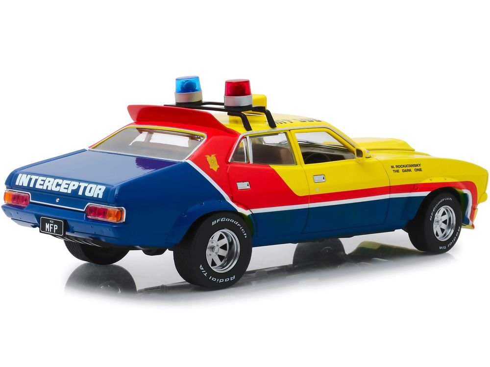 1974 Ford Falcon XB 4-Door Sedan RHD (Right Hand Drive) Yellow and Blue with Red Stripes "MFP 508" "First of the V8 Interceptors" (1979) Movie 1/18 Diecast Model Car by Greenlight view 2