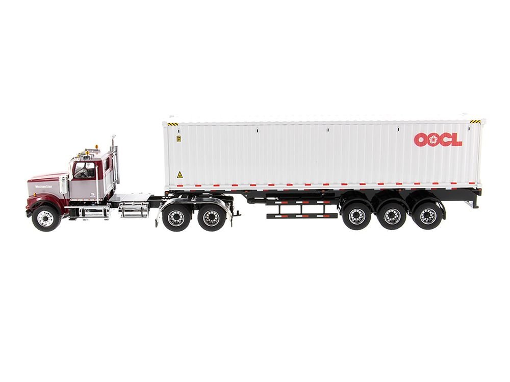 Western Star 4900 SF Tandem Day Cab Truck Tractor Red and Gray with 40' Dry Goods Sea Container "OOCL" White "Transport Series" 1/50 Diecast Model by Diecast Masters view 2