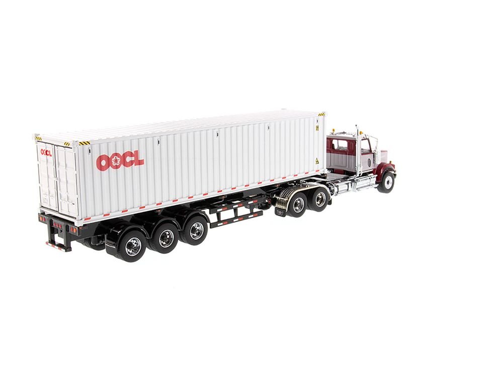 Western Star 4900 SF Tandem Day Cab Truck Tractor Red and Gray with 40' Dry Goods Sea Container "OOCL" White "Transport Series" 1/50 Diecast Model by Diecast Masters view 3