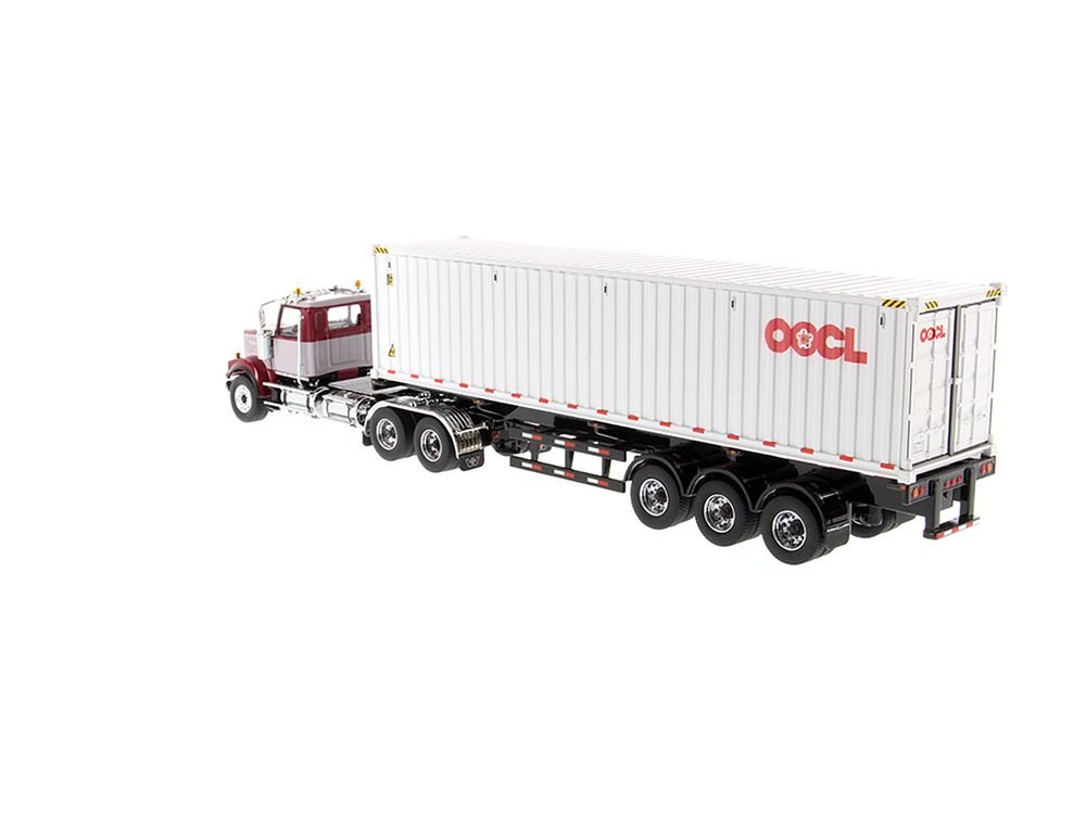 Western Star 4900 SF Tandem Day Cab Truck Tractor Red and Gray with 40' Dry Goods Sea Container "OOCL" White "Transport Series" 1/50 Diecast Model by Diecast Masters view 4