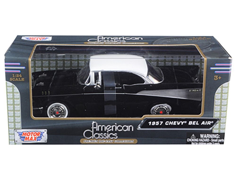1957 Chevrolet Bel Air Black with White Top 1/24 Diecast Model Car by Motormax view 3