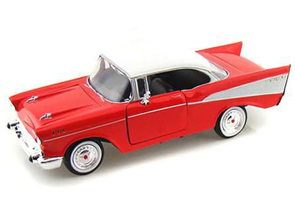 1957 Chevrolet Bel Air Red with White Top 1/24 Diecast Model Car by Motormax view 2