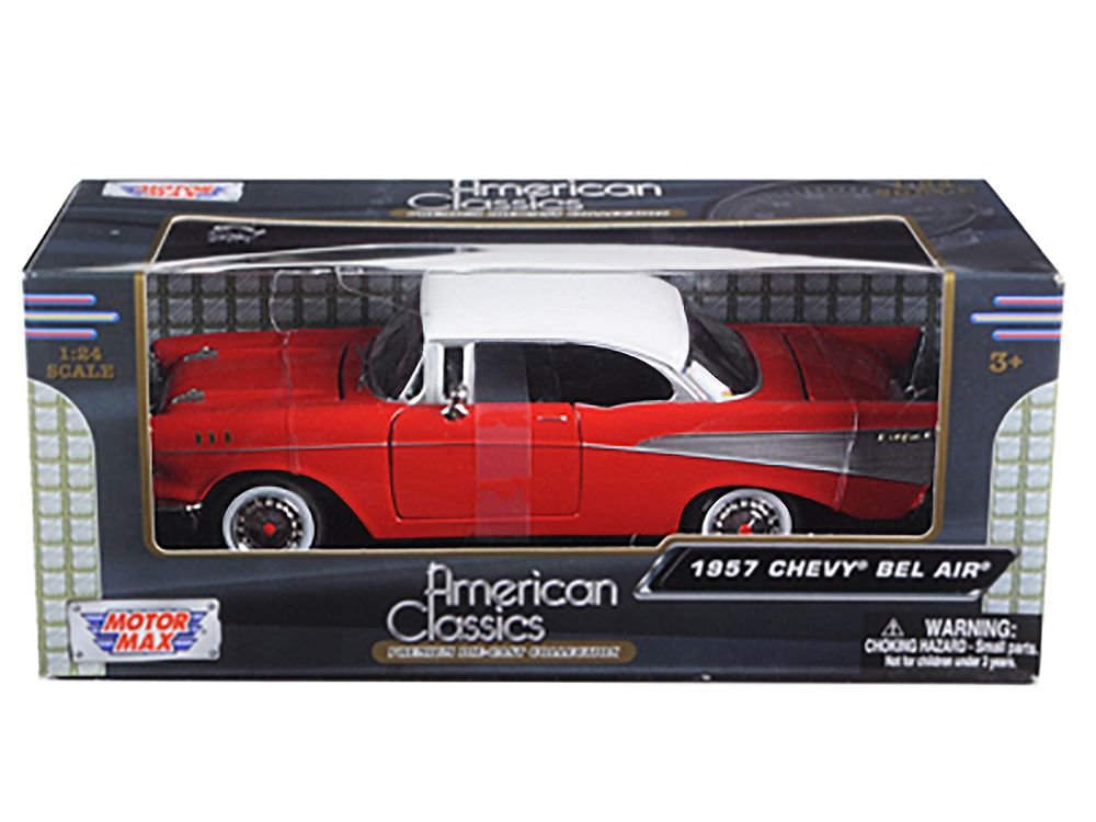1957 Chevrolet Bel Air Red with White Top 1/24 Diecast Model Car by Motormax view 3