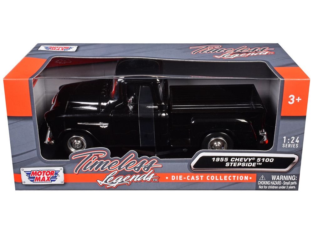 1955 Chevrolet 5100 Stepside Pickup Truck Black 1/24 Diecast Car Model by Motormax view 3