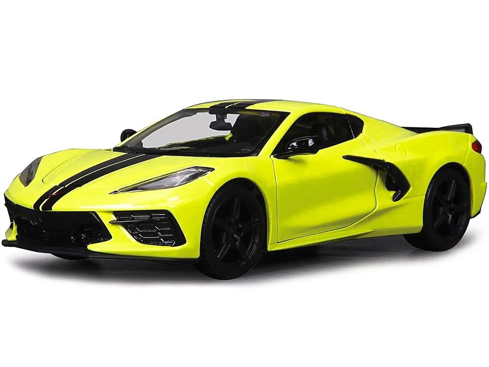 2020 Chevrolet Corvette Stingray Z51 Coupe Yellow with Black Stripes 1/24 Diecast Model Car by Maisto view 2