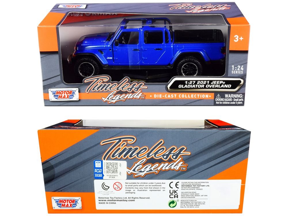 2021 Jeep Gladiator Overland (Open Top) Pickup Truck Blue Metallic 1/24-1/27 Diecast Model Car by Motormax view 3