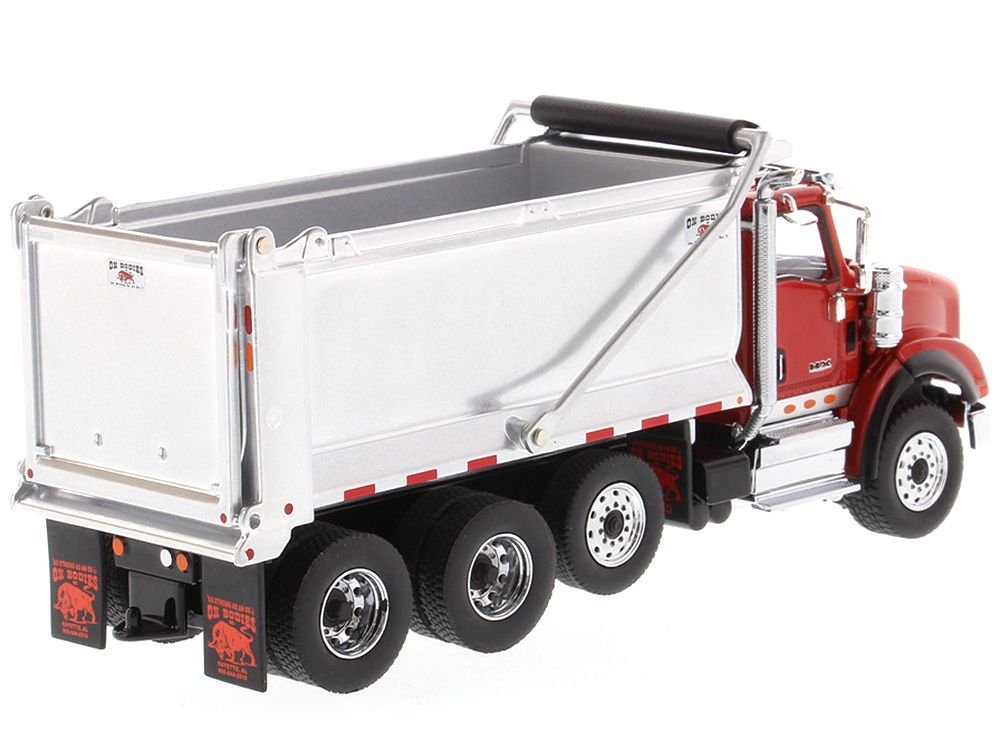International HX620 Tandem Axle with Pusher Axle OX Stampede Dump Truck Red and Chrome "Transport Series" 1/50 Diecast Model by Diecast Masters view 3