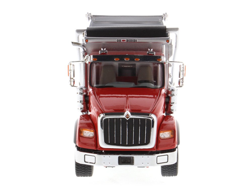 International HX620 Tandem Axle with Pusher Axle OX Stampede Dump Truck Red and Chrome "Transport Series" 1/50 Diecast Model by Diecast Masters view 4
