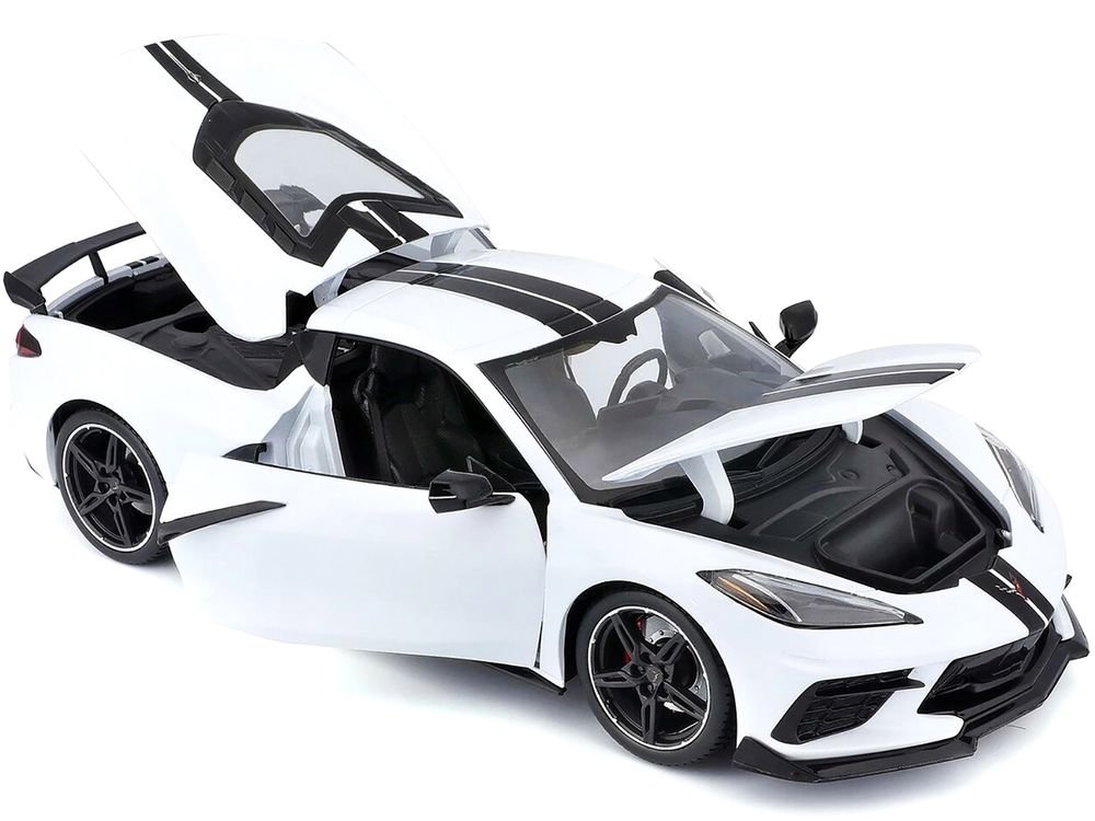 2020 Chevrolet Corvette Stingray C8 Coupe with High Wing White with Black Stripes 1/18 Diecast Model Car by Maisto view 2