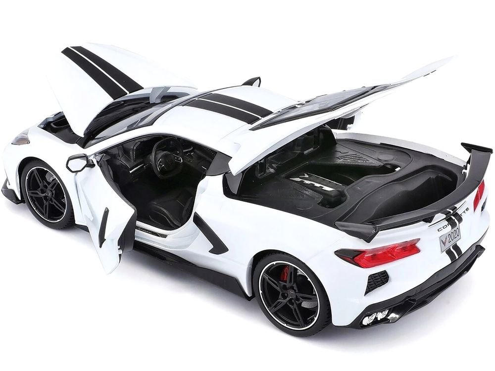 2020 Chevrolet Corvette Stingray C8 Coupe with High Wing White with Black Stripes 1/18 Diecast Model Car by Maisto view 3