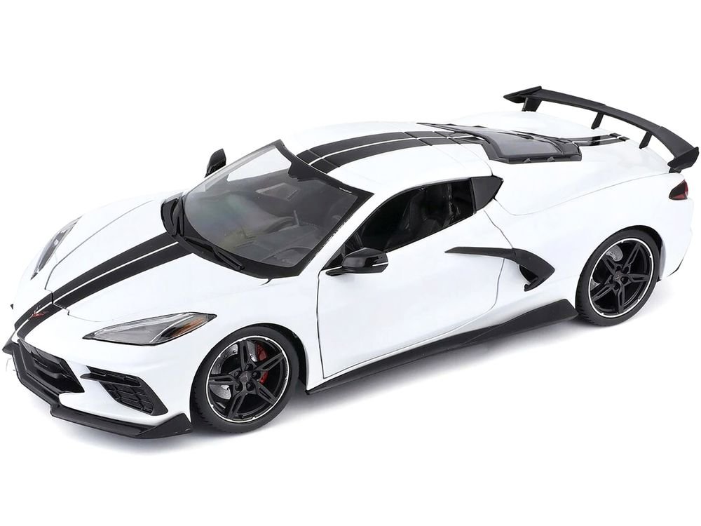 2020 Chevrolet Corvette Stingray C8 Coupe with High Wing White with Black Stripes 1/18 Diecast Model Car by Maisto view 4