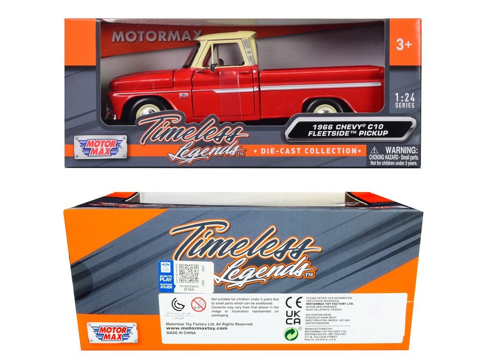 1966 Chevrolet C10 Fleetside Pickup Truck Red with Cream Top "American Classics" 1/24 Diecast Model Car by Motormax view 3