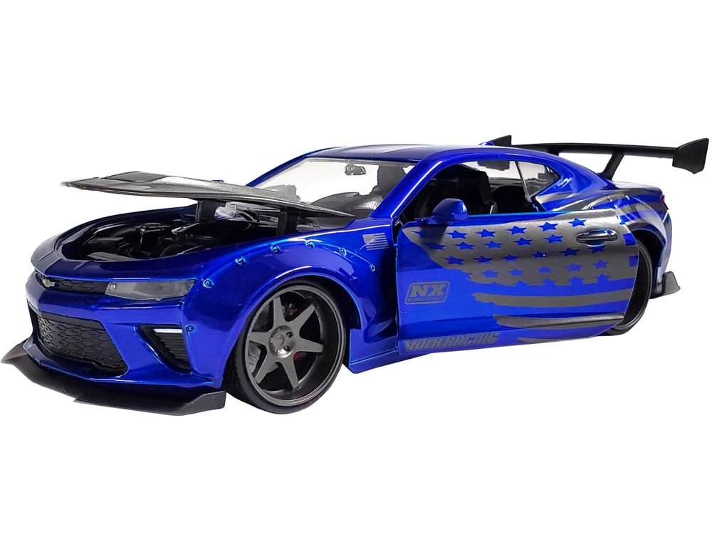 2016 Chevrolet Camaro Widebody Candy Blue with Gray Metallic Hood and American Flag Graphics "Bigtime Muscle" Series 1/24 Diecast Model Car by Jada view 2
