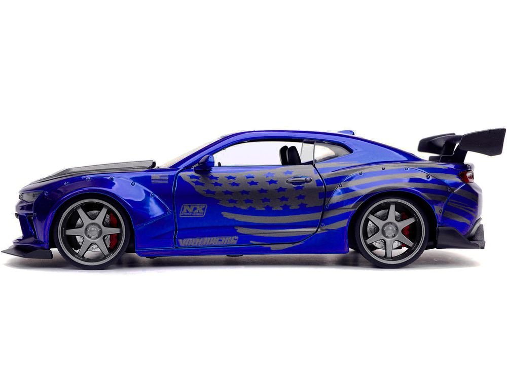 2016 Chevrolet Camaro Widebody Candy Blue with Gray Metallic Hood and American Flag Graphics "Bigtime Muscle" Series 1/24 Diecast Model Car by Jada view 3
