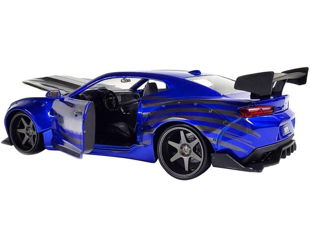2016 Chevrolet Camaro Widebody Candy Blue with Gray Metallic Hood and American Flag Graphics "Bigtime Muscle" Series 1/24 Diecast Model Car by Jada view 4