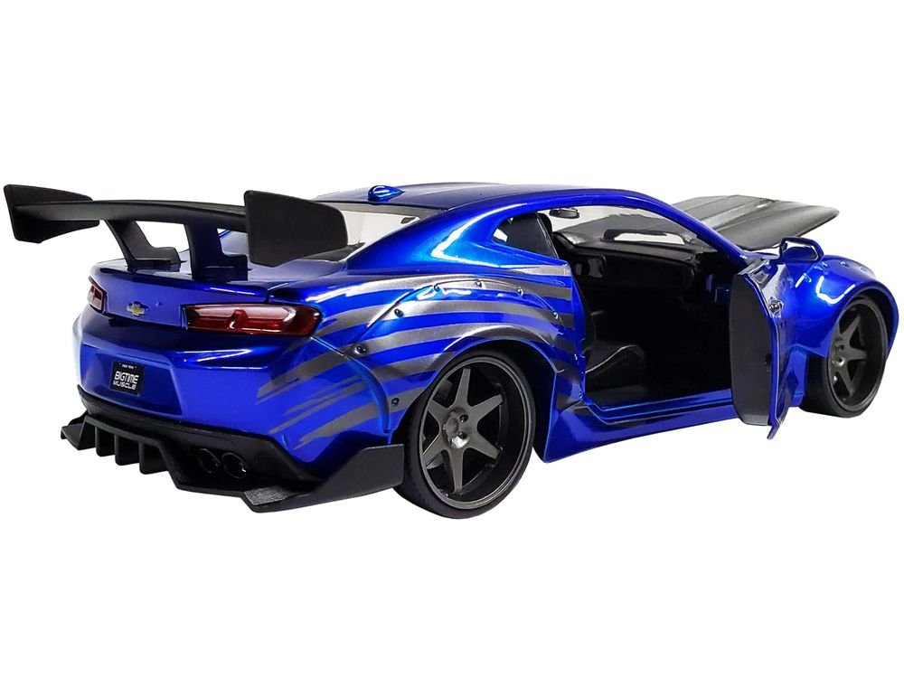 2016 Chevrolet Camaro Widebody Candy Blue with Gray Metallic Hood and American Flag Graphics "Bigtime Muscle" Series 1/24 Diecast Model Car by Jada view 5