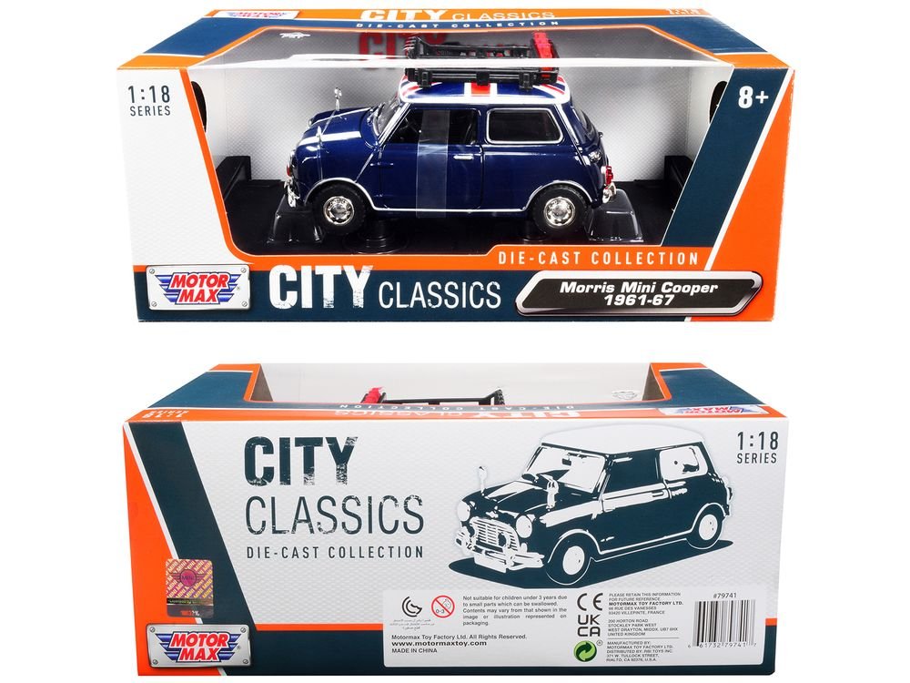 1961-1967 Morris Mini Cooper RHD (Right Hand Drive) Dark Blue with British Flag on the Top and Roof Rack "City Classics" Series 1/18 Diecast Model Car by Motormax view 3