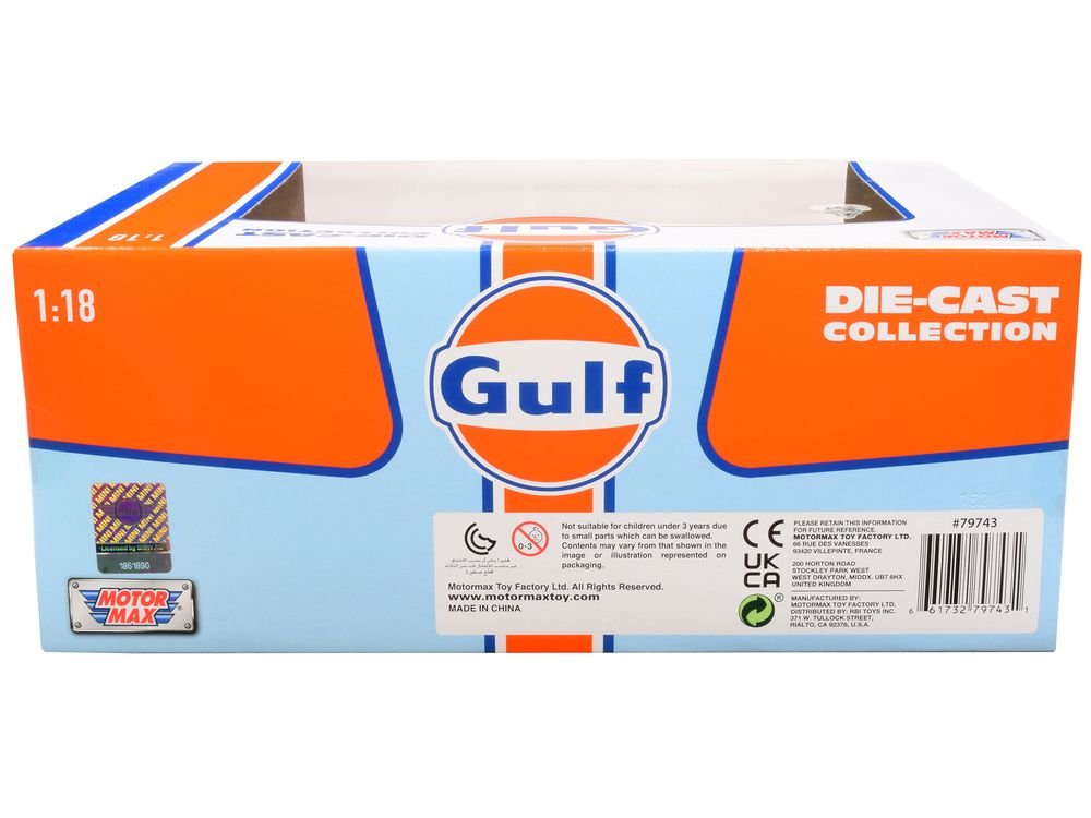 1961-1967 Morris Mini Cooper RHD (Right Hand Drive) #6 "Gulf Oil" Light Blue with Orange Stripes and Checkered Top "City Classics" Series 1/18 Diecast Model Car by Motormax view 2