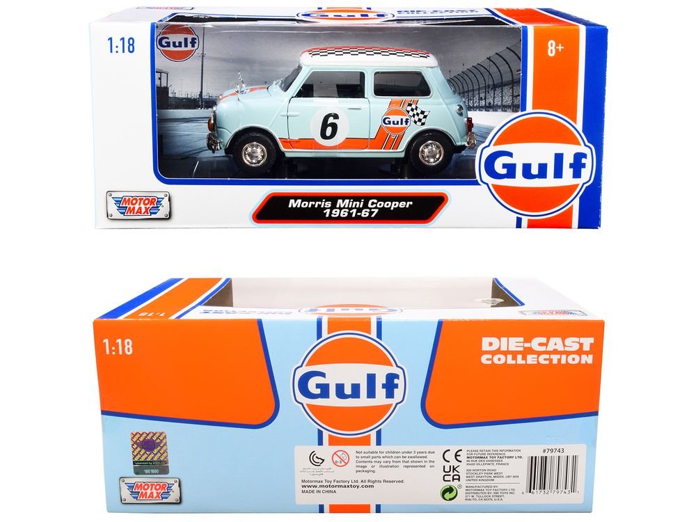 1961-1967 Morris Mini Cooper RHD (Right Hand Drive) #6 "Gulf Oil" Light Blue with Orange Stripes and Checkered Top "City Classics" Series 1/18 Diecast Model Car by Motormax view 3