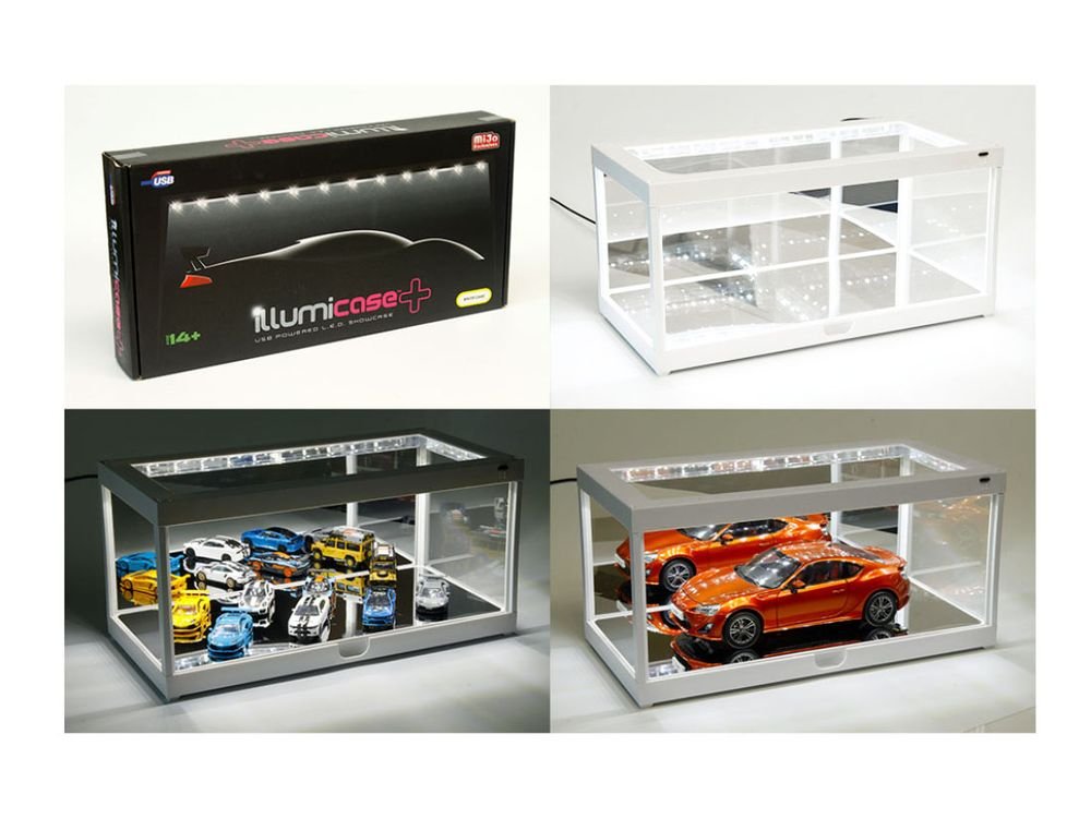 White Collectible Display Show Case Illumicase+ with LED Lights and Mirror Base and Back for 1/64 1/43 1/32 1/24 1/18 Scale Models by Illumibox view 2