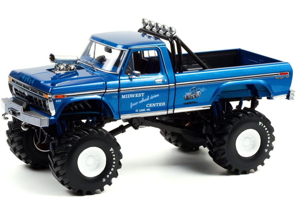 1974 Ford F-250 Ranger XLT Monster Truck with 48-Inch Tires Blue Metallic "Midwest Four Wheel Drive Center" "Kings of Crunch" Series 1/18 Diecast Model Car by Greenlight view 2
