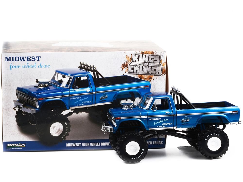 1974 Ford F-250 Ranger XLT Monster Truck with 48-Inch Tires Blue Metallic "Midwest Four Wheel Drive Center" "Kings of Crunch" Series 1/18 Diecast Model Car by Greenlight view 3