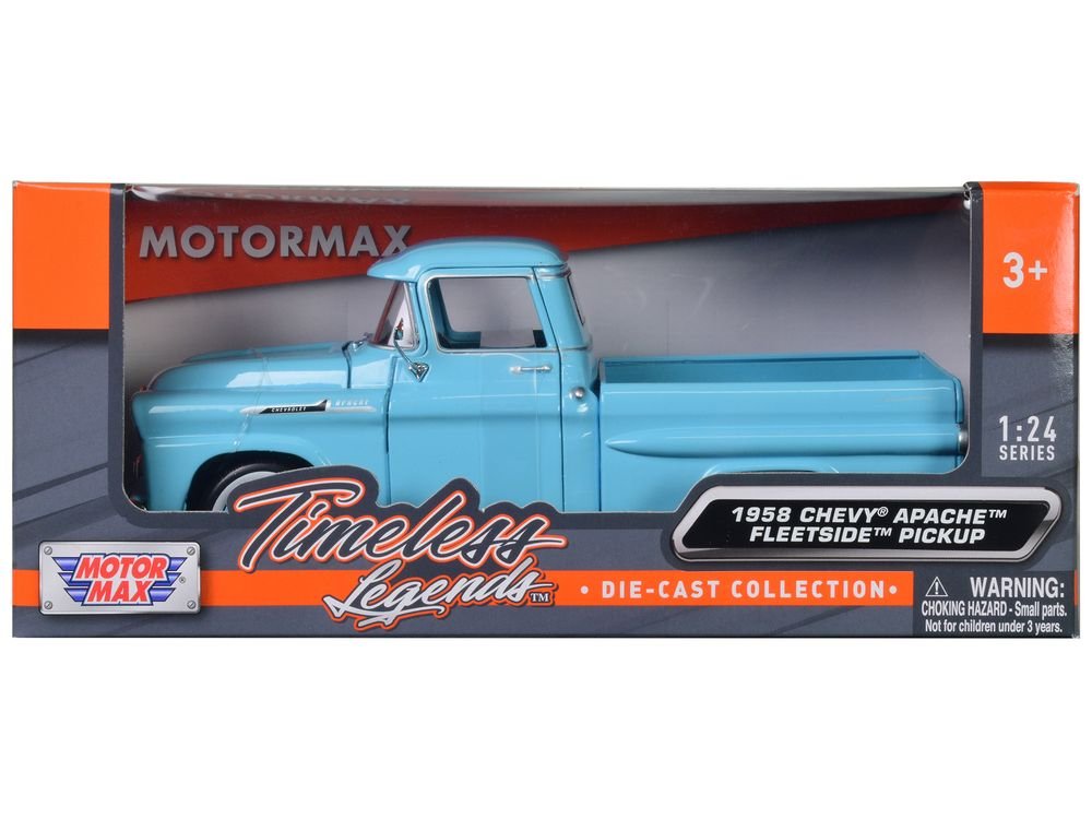 1958 Chevrolet Apache Fleetside Pickup Truck Light Blue 1/24 Diecast Model Car by Motormax view 3