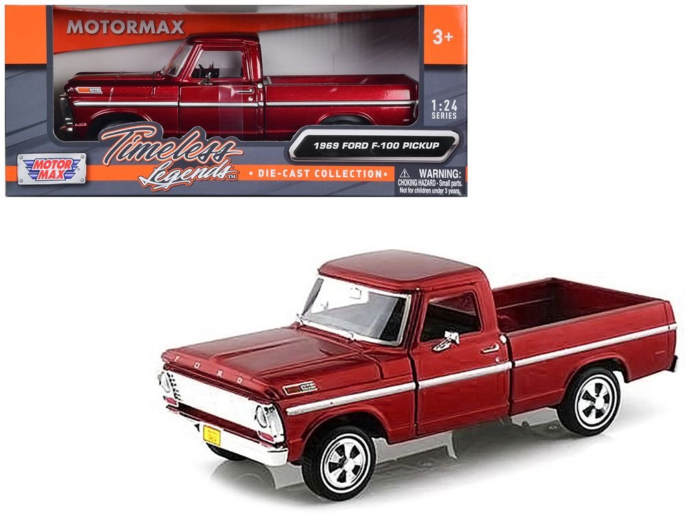 1969 Ford F-100 Pickup Truck Burgundy 1/24 Diecast Model Car by Motormax