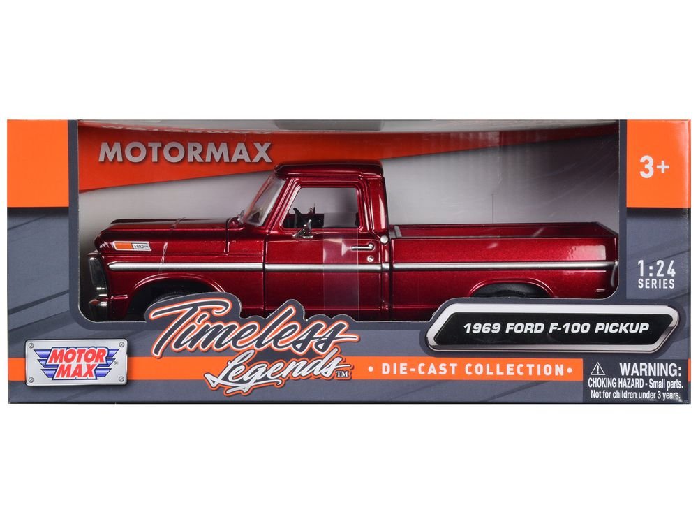 1969 Ford F-100 Pickup Truck Burgundy 1/24 Diecast Model Car by Motormax view 3