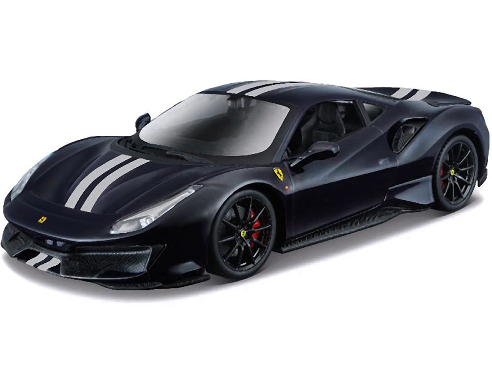 Ferrari 488 Pista Dark Blue Metallic with Silver Stripes 1/24 Diecast Model Car by Bburago view 2