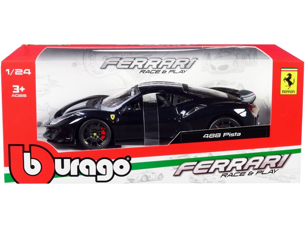 Ferrari 488 Pista Dark Blue Metallic with Silver Stripes 1/24 Diecast Model Car by Bburago view 3