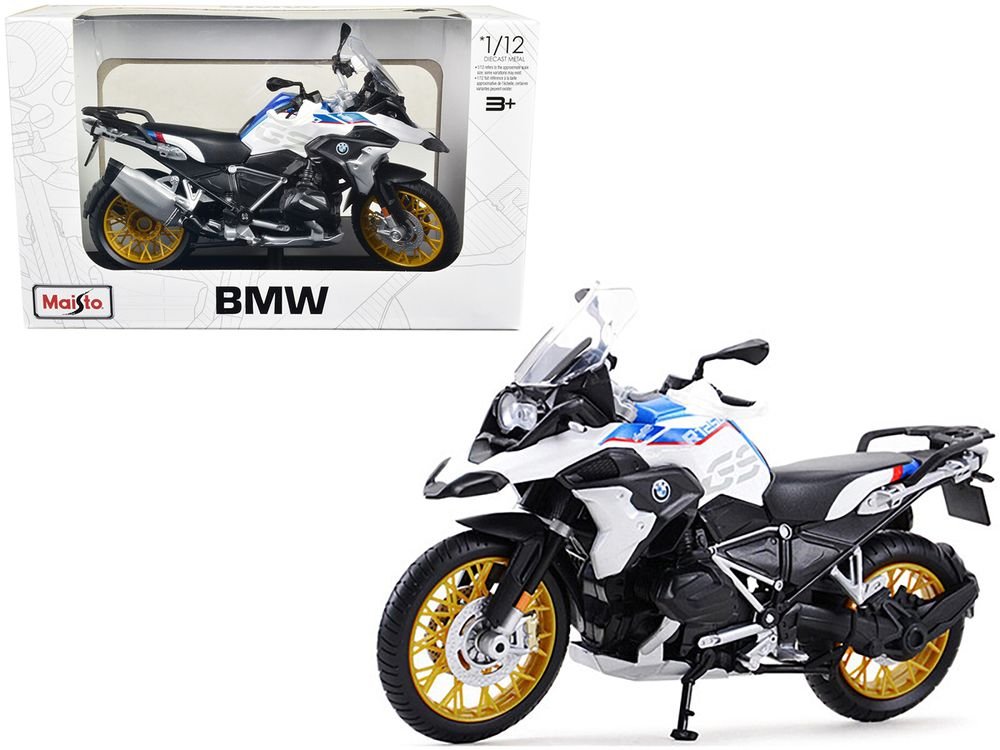 BMW R1250 GS White with Blue and Red Stripes 1/12 Diecast Motorcycle Model by Maisto