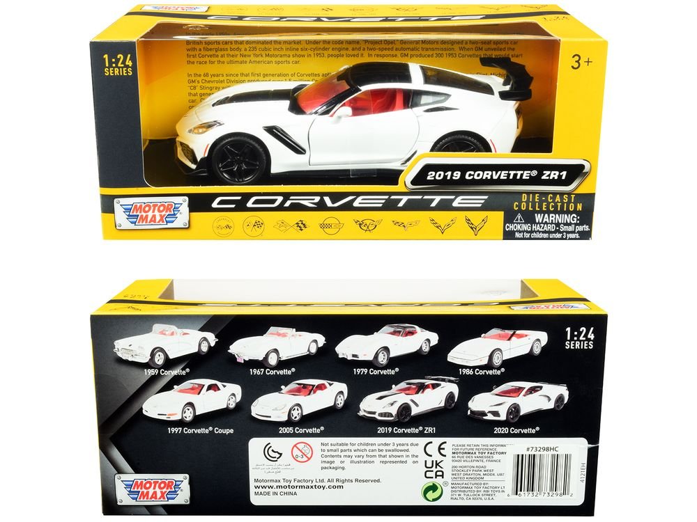 2019 Chevrolet Corvette C7 ZR1 White and Black with Red Interior "History of Corvette" Series 1/24 Diecast Model Car by Motormax view 3