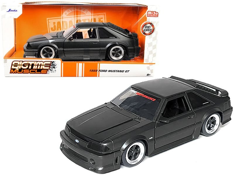 1989 Ford Mustang GT 5.0 Matt Black Metallic with Matt Black Hood "Bigtime Muscle" Series 1/24 Series Diecast Model Car by Jada view 2