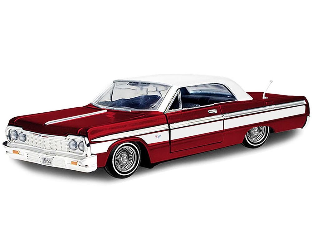 1964 Chevrolet Impala Lowrider Hard Top Candy Red Metallic with White Top "Get Low" Series 1/24 Diecast Model Car by Motormax view 2